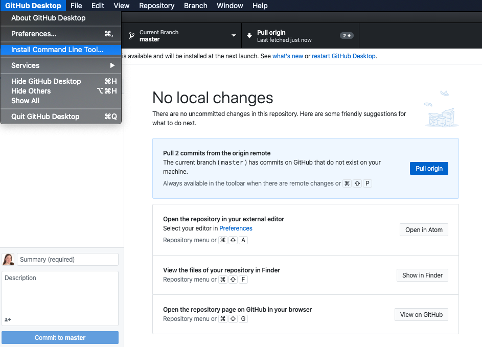 GitHub Desktop menu showing Install Command Line Tool