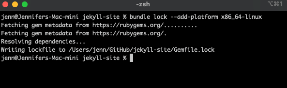 Terminal output for adding Linux platform to bundle lockfile
