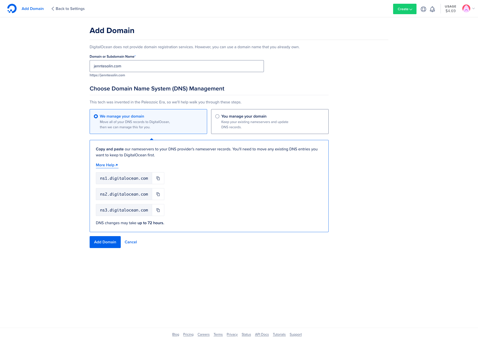 Add domain screen in DigitalOcean App Platform