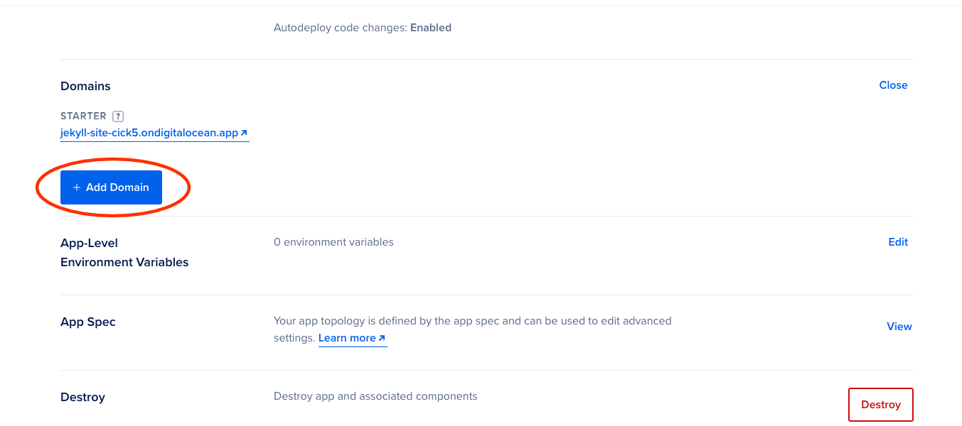 Add domain button in DigitalOcean App Platform