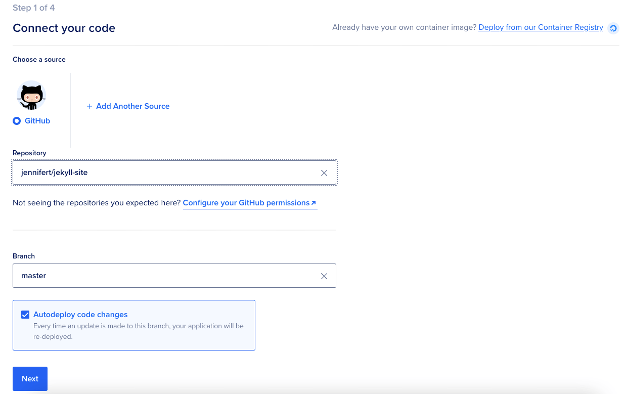 DigitalOcean App Platform source selection step